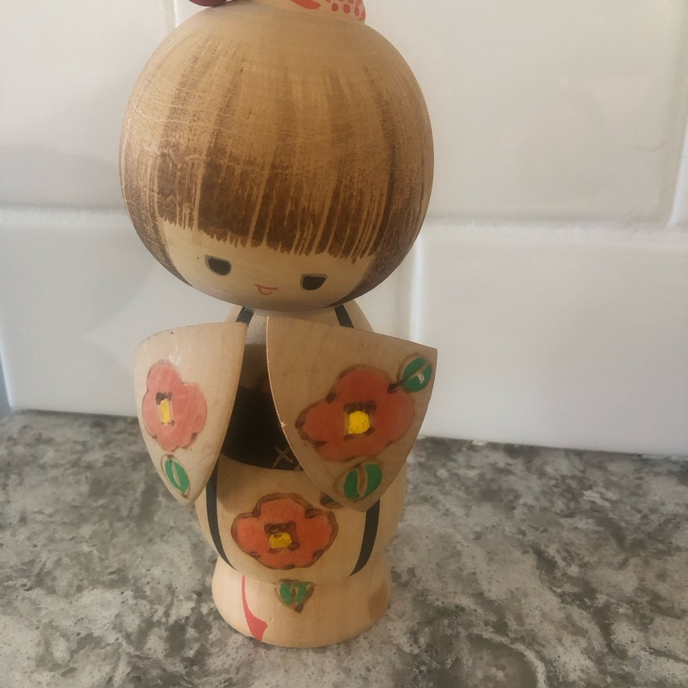 Hand-Painted  Japanese Vintage Wooden Kokeshi Doll - Floral Design